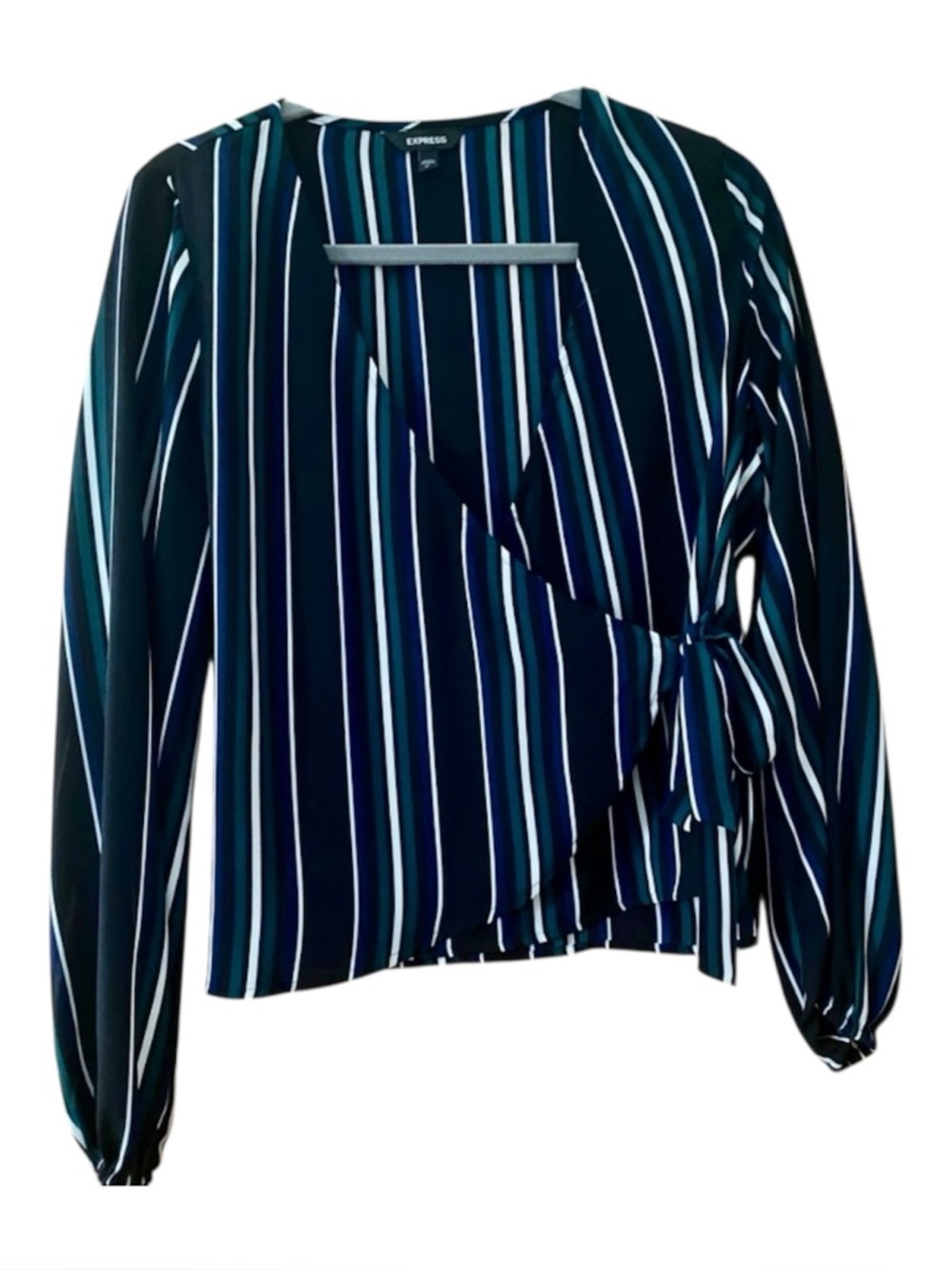 Express Striped Wrap Blouse Small Teal Navy Tie Waist Long Sleeve Workwear